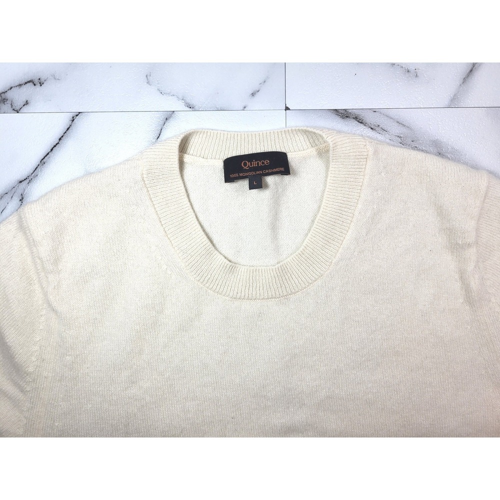 Quince Mongolian Cashmere Tee Ivory Short Sleeve Crew Neck Sweater Large Office - Picture 3 of 9